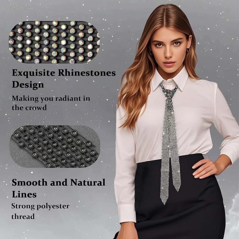 Women's Rhinestone Tie Long Skinny Black Colorful Casual Prom Wedding - Picture 7 of 7
